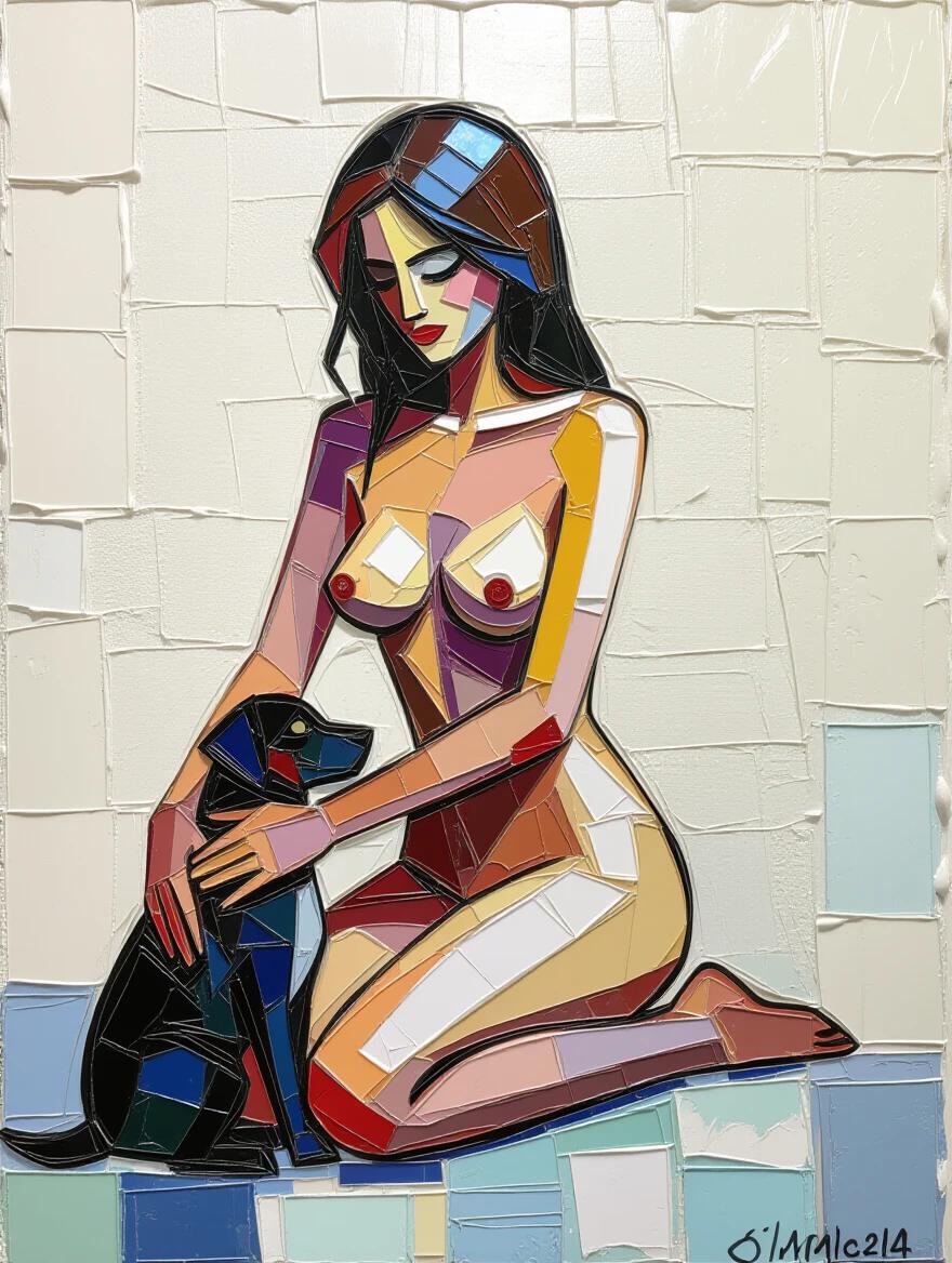 Highly textured encaustic impasto painting featuring a nude woman touching her dog. The artwork uses iridescent ceramic tile and glass mosaic, creating an ethereal abstract piece with raised brushstrokes.