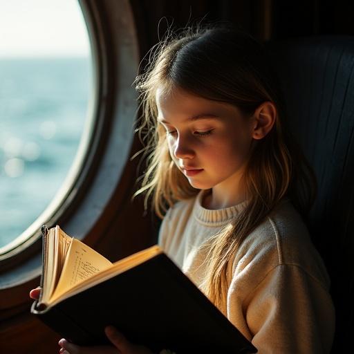 A girl reads a book by the sea. The warm light from the window illuminates her face. Shadows dance on her features from a logbook. A vast ocean is seen outside.