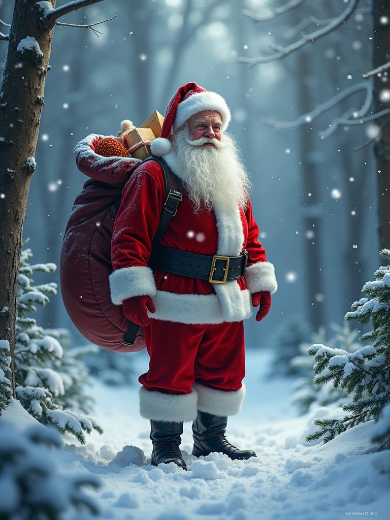 Santa Claus stands in a snowy forest. He carries a big bag of gifts. Snowflakes fall softly around. The scene feels magical and festive.