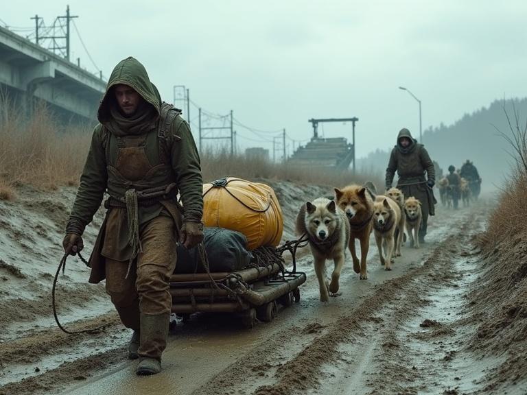 A gritty Bronze Age post-apocalyptic hyperrealistic scene. A survivor hauls supplies across muddy, uneven terrain using a makeshift sled pulled by a team of mixed-breed dogs. The sled is built from scavenged metal, wood, and repurposed relics of the old world. Survivors wear primitive leather and bronze gear, some with scrap armor, others wrapped in animal hides and copper jewelry. In the background, remnants of a collapsed freeway and overgrown ruins are visible. Cloudy skies and heavy atmosphere. Dirt and rust symbolize survival.