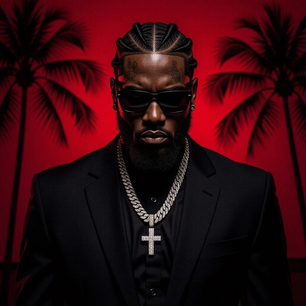 No text. Dark Miami album cover with a murderous vibe. Features a person with braids, sunglasses, and jewelry against a red background with palm trees.