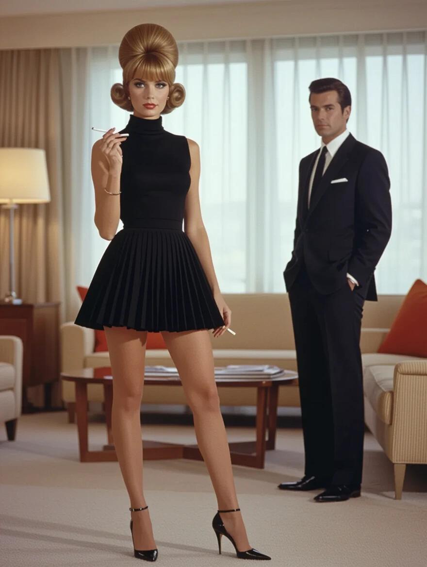 1960s-style photograph of a woman with beehive hair wearing a black sleeveless dress. She holds a cigarette. A suited man stands behind her. Full body view in a modern living room.