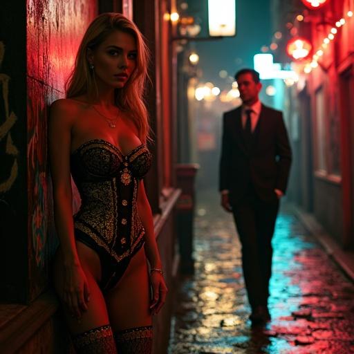 Striking woman in corset in dimly lit alley of Red Light District. Corset is black satin with gold lace, stockings have swirling gold thread. Stiletto heels have crystalline embellishments. She leans against a wall with graffiti. A man in a suit approaches her. Rainy pavement reflects scene.