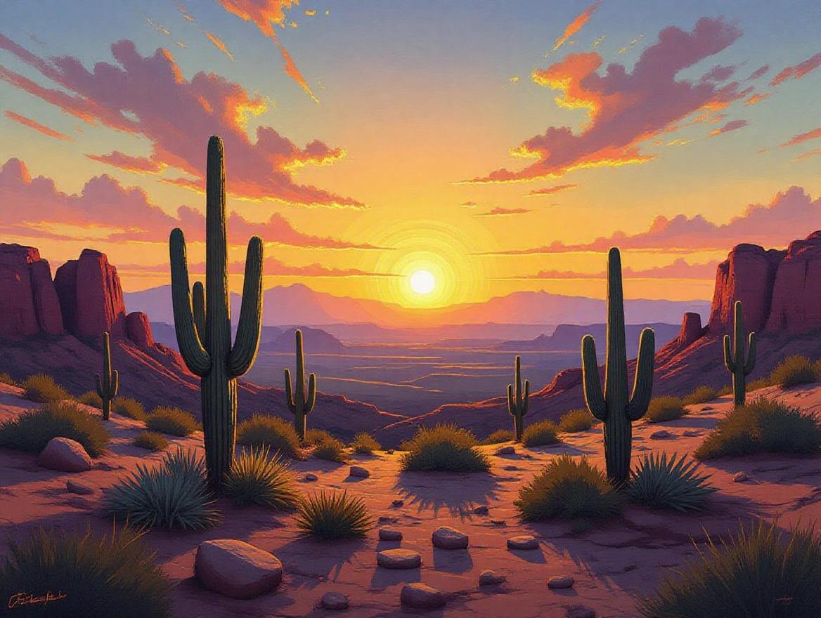 Dramatically lit desert landscape with cactus. Deep color sunset. Rock formations. Oversized sun centered over landscape. Long shadows. Oil painting style. Influences from Renaissance artists. Serene scene of nature at sunset.