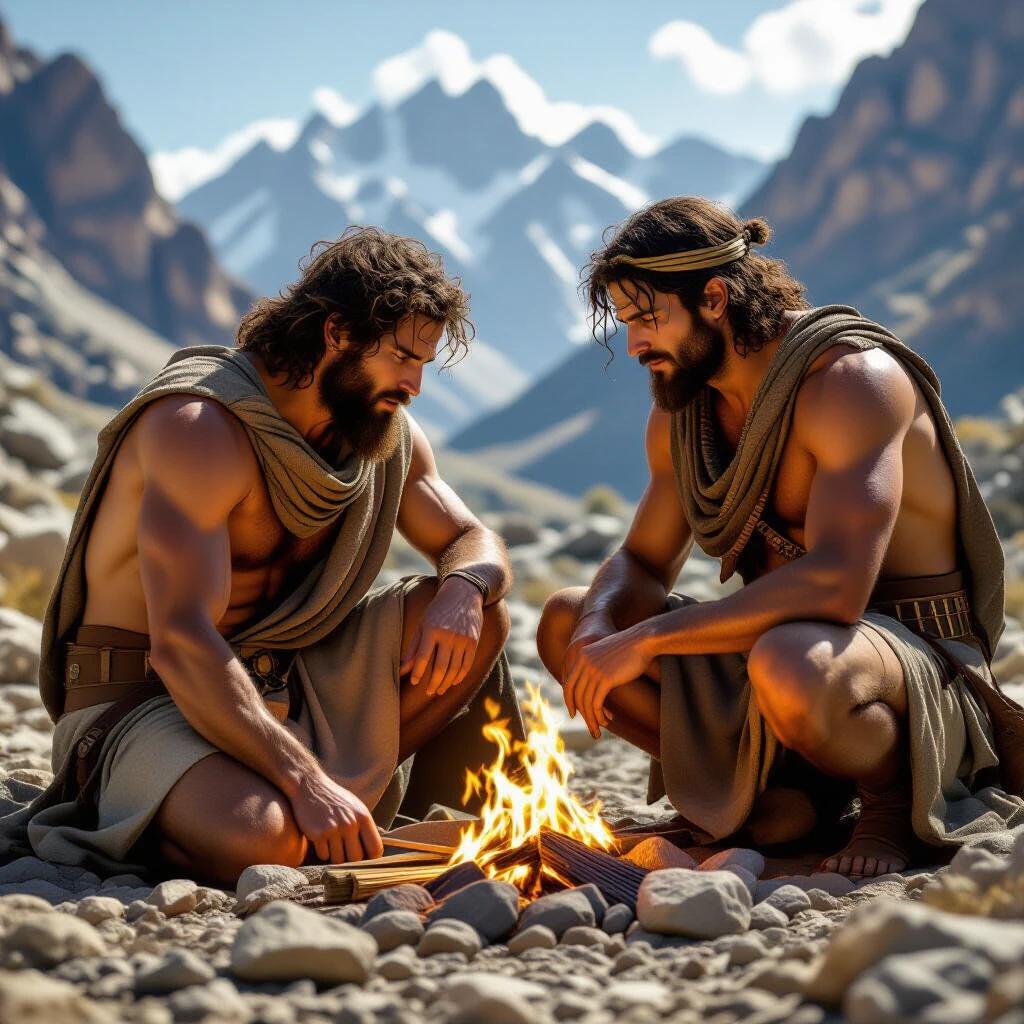 Hyperrealistic depiction of Cain and Abel sitting by a fire in a mountainous landscape. The scene represents the biblical story of jealousy and murder. High definition, 8K quality.
