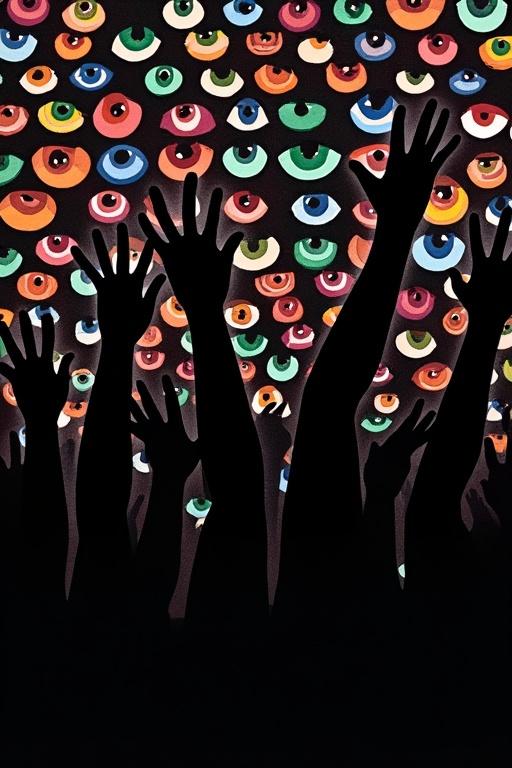 Silhouettes of black hands raised up towards a background filled with colorful eyes. The hands resemble roads crisscrossing each other. Background includes numerous eyes in various colors. The image appears fragmented and glitchy as the hands overlap.