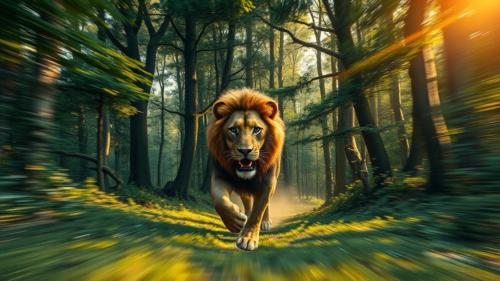 A lion charging through a sunlit forest with dynamic motion blur.