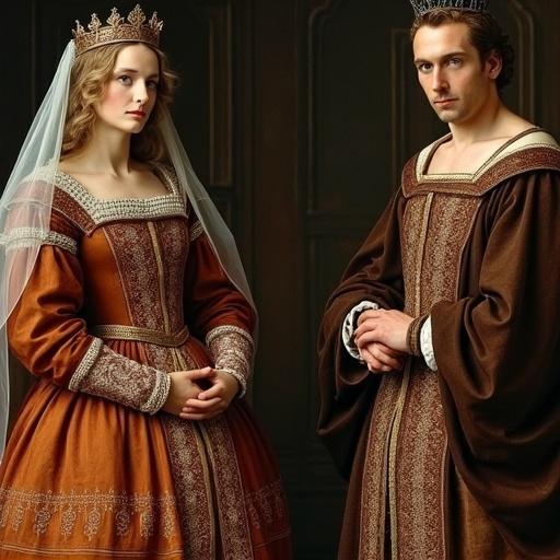 Historical depiction of the Catholic Monarchs Isabel I and Fernando II. Fernando is speaking to Isabel about the Edict of Expulsion. Year 1492 and 2025 are included below them.