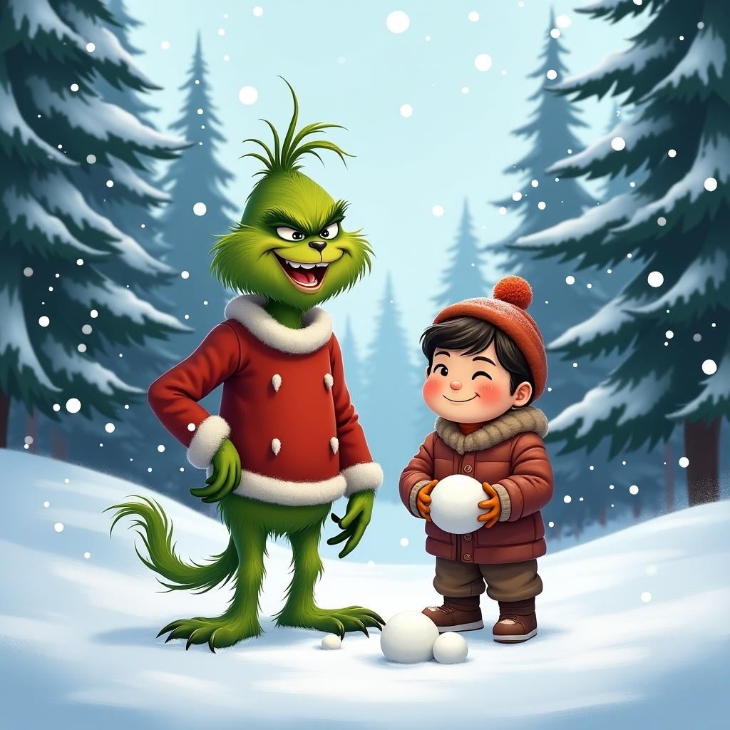 The Grinch character interacting with a child in a snowy setting. Snow-covered trees surround them.