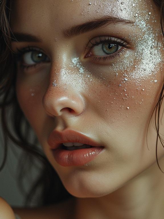 Close-up of a young woman’s face. Glitter and bioluminescent elements on skin. Digital art style. Brown and white tones. Emphasized features with soft lighting.