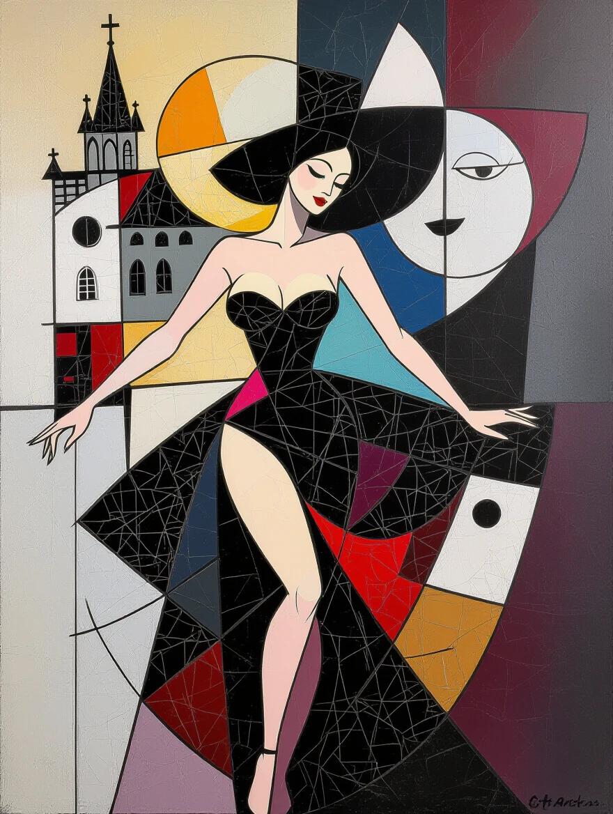 Gothic nude artwork featuring a stylized female figure in a black dress. Abstract background with churches and geometric shapes. Influences from Baroque and Chagall. Mixed media style.