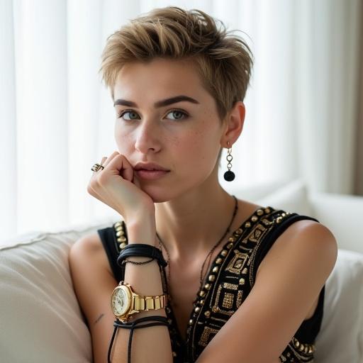 A young woman with a short pixie cut in light brown or blonde color lounging on a white couch. She's leaning back with her right hand under her chin, showing a thoughtful expression. Her fair skin has light freckles. Wearing a black sleeveless top with a deep V-neck adorned with geometric gold and black beads. Her left wrist has multiple bracelets including a chunky gold watch and a black cord. Simple earrings with black beads. Makeup is subtle with dark eyeliner and nude lipstick. The background is softly blurred and bright, highlighting her modern and stylish look.