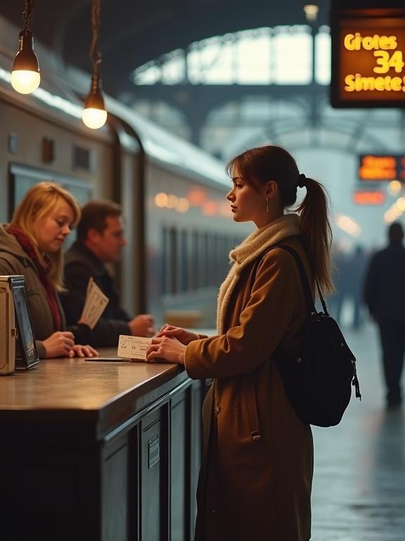 Beautiful woman buying a train ticket at the ticket stand in a train station. View captured from behind the woman.