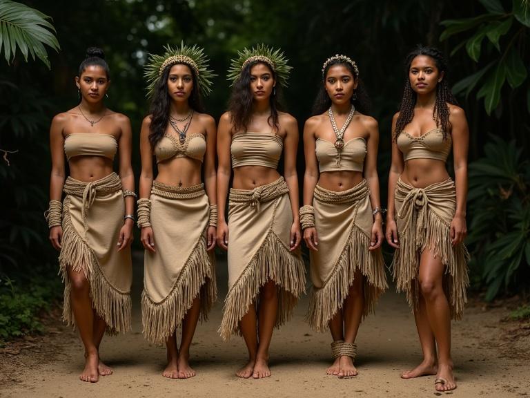 A group of 5 female dancers presents original warrior-inspired costumes. Each dancer wears a wrap skirt and bandeau made from natural fabrics. Accessories include bracelets, anklets, and headpieces made from leaves. The attire emphasizes strength and ritual connection without body paint. The scene features a natural color palette with earth tones. Lighting is dim, conveying a sacred jungle atmosphere.