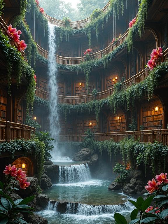 Professional photograph of an epic bookshelf with water gushing from the shelves and waterfalls splashing down. Orchids and rare birds present. Photorealistic and hyperdetailed style with vibrant dark colors.