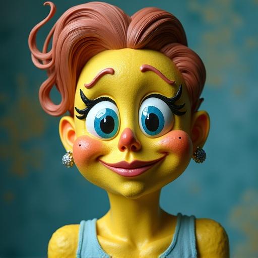 Bust portrait of a woman with SpongeBob bodypaint. Bright colors and cheerful expression. Woman has vibrant yellow skin, exaggerated features, and a playful hairstyle. Background is softly blurred.