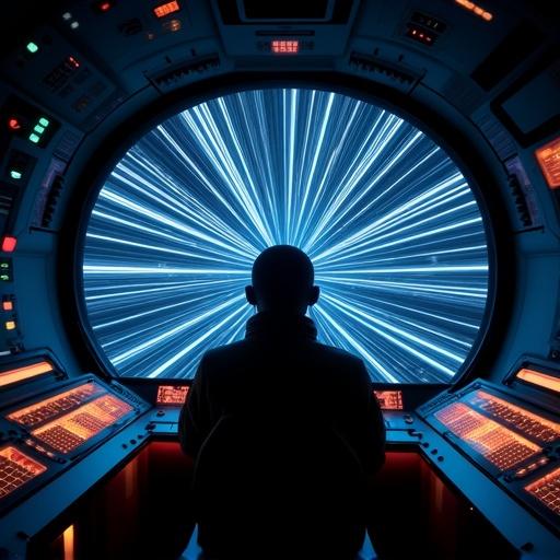 Blurred star trails visible through cockpit window. Space travel theme with a first-person view. High resolution and cinematic feel. Glowing control panels surround an astronaut silhouette. Dominant colors include black and blue with neon light streaks illuminated by tunnel lighting.