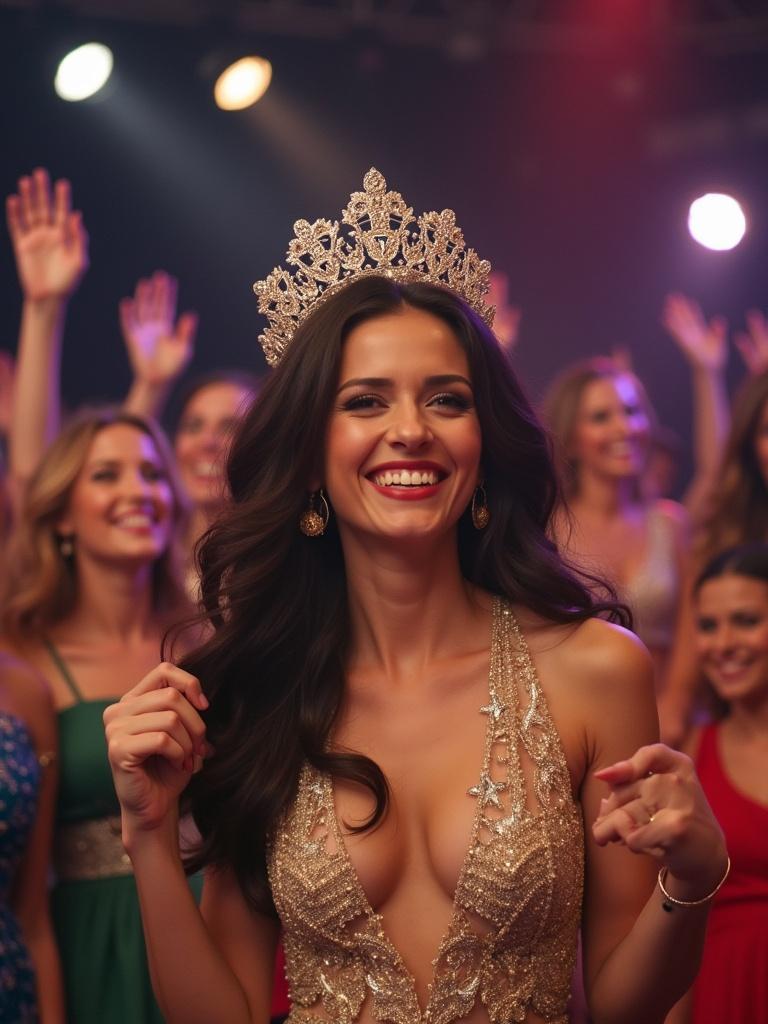 Celebrating a winning moment of a beauty pageant. The crowned winner stands confidently among a crowd of supporters. The scene is vibrant with colorful dresses and lights. Expressions of joy and excitement fill the air. Hair and makeup are meticulously done giving an elegant appearance. The atmosphere is festive and celebratory.