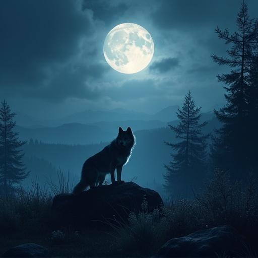 A wolf stands on a rock under a full moon in a dark forest ambience.
