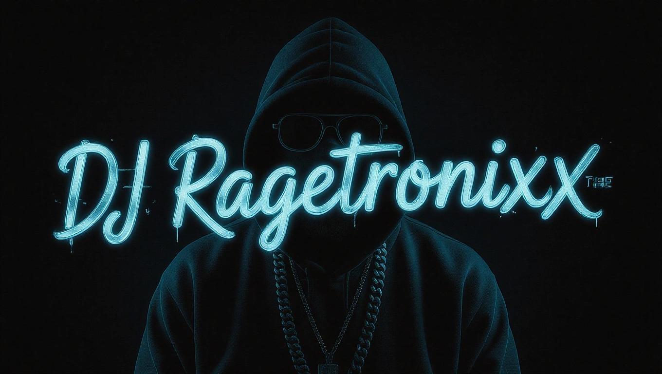 Dark artistic hip hop album cover featuring blue glowing text and a shadowy figure. Cool writing for the name DJ Ragetronixx. Title The Renegade included as part of the design.