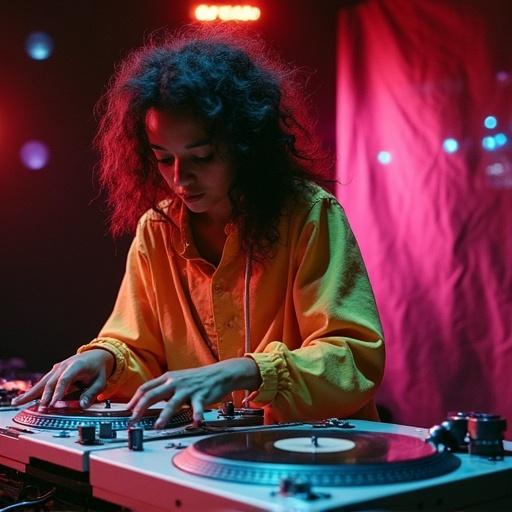 Female DJ performing at a music event. Demonstrating turntable skills. Intense focus on mixing. Bright stage lights and colorful atmosphere. Background shows a vibrant crowd. Scene captures the energy of a DJ performance.