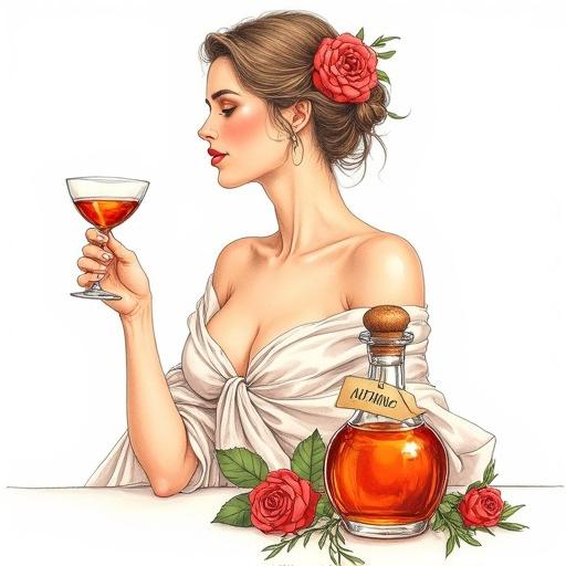 Highly detailed ink and watercolor art of a friendly goddess portrait. Woman offers a toast with a cocktail glass. Lush translucent silk wrap accentuates curves. Flower in hair, golden-reddish lips. Minimalistic style, white background. Apothecary bottle nearby, glowing contents, cork lid, hang tag with name 'ALFRUNO'. Surrounding roses and green herbs.