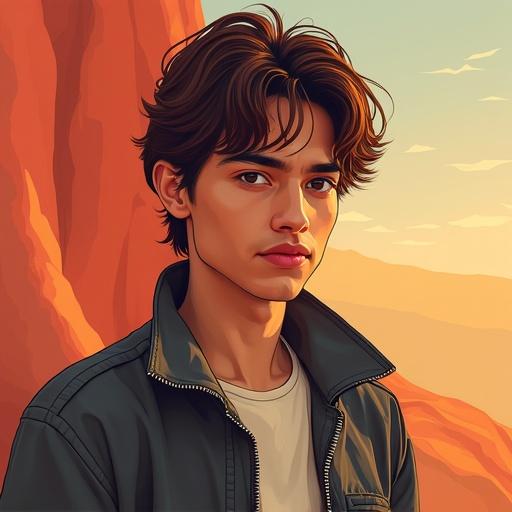 Stylized portrait of a young man in cartoon fashion inspired by Star Wars. The character is depicted with a natural landscape in the background during sunset.