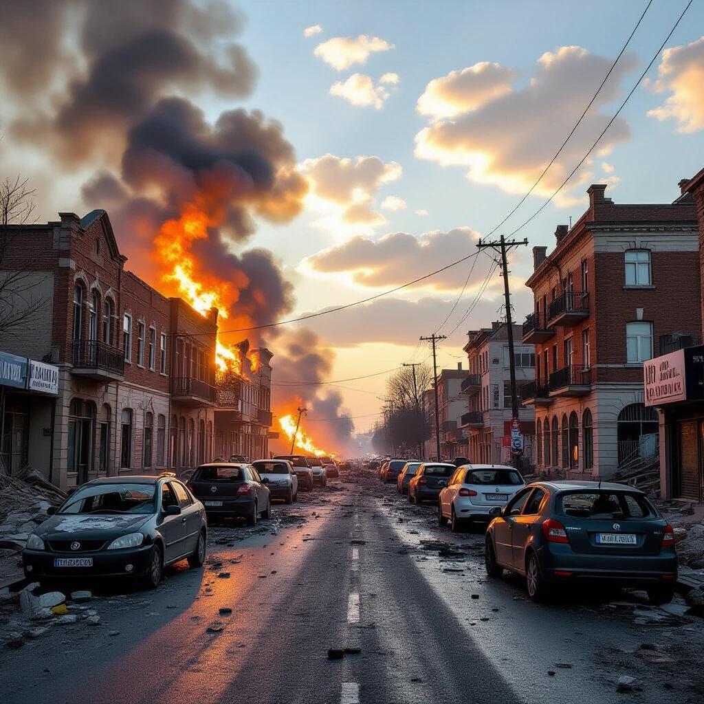 A street in a city after a bombing. Buildings are on fire. There are debris and destroyed cars.