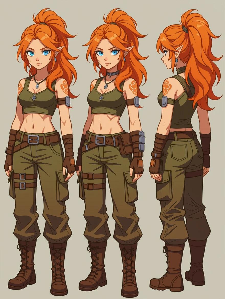 Character design in fantasy genre features orange hair. Outfit includes cargo pants with many details. Character appears serious with blue eyes. Design has elements typical of fantasy. Style inspired by animations.