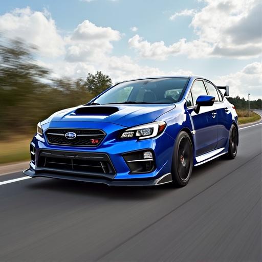 Subaru WRX STi in motion on a highway. Vehicle is blue with black accents. Background shows a blurred landscape of green trees and blue sky. Car is capturing excitement and speed.