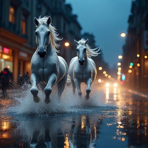 In a rainy night city street, two tiny horses made of shimmering water race through a puddle. Their flowing manes splash droplets, reflecting dim streetlights. Heavy clouds loom overhead with rain pouring down. A surreal and dramatic scene with dark colors and glowing reflections.