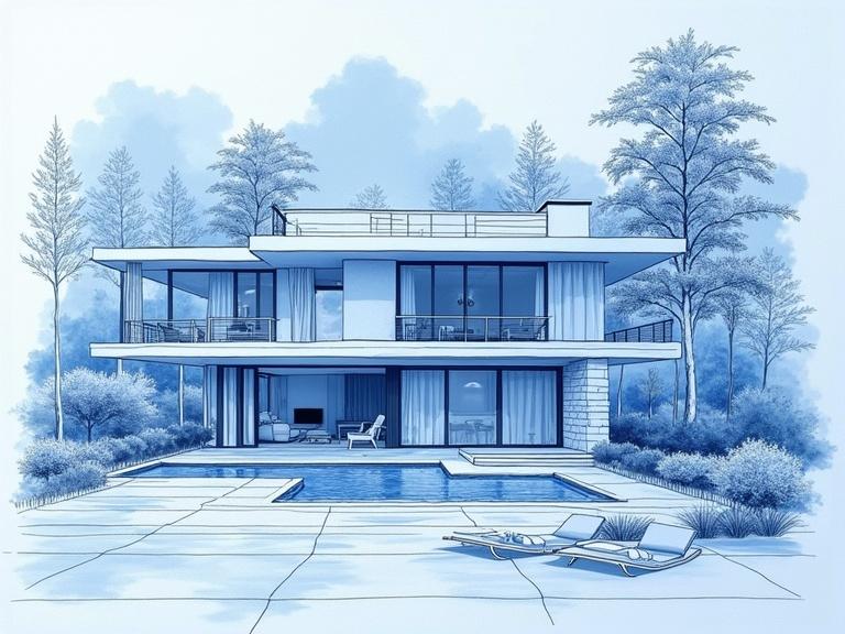 Flat blueprint of a villa. Detailed sketches of the interior and exterior on a blue sheet. Clear representation of layout and design elements.
