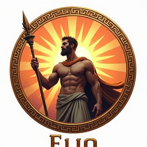 Design a logo for the name Elio. Inspired by Greek mythology. Round Greco-Roman frame with a muscular sun god. Sun god holds a staff. Bright sun shines in the background. Highlight the name Elio.