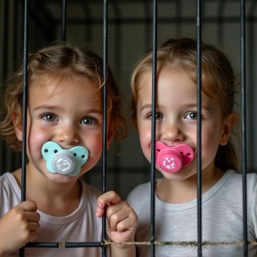 Two ten-year-old children play inside a cage. A boy and a girl smile with oversized pacifiers. The mother pretends to lock the cage and playfully swallows the key.