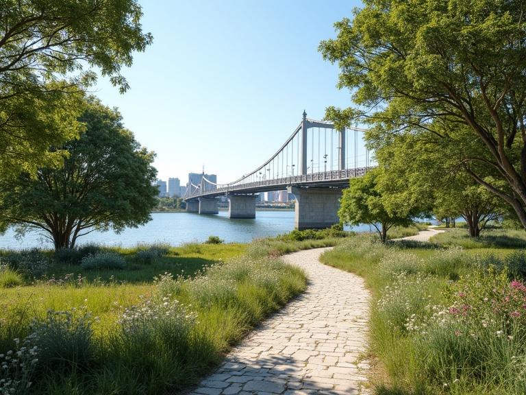 Park designed by rmvdv on the Paraná River coast. Background shows the Rosario-Victoria Bridge. People enjoying outdoor activities. Well-designed landscaping with diverse plants and colorful trees. A sunny day with clear skies.