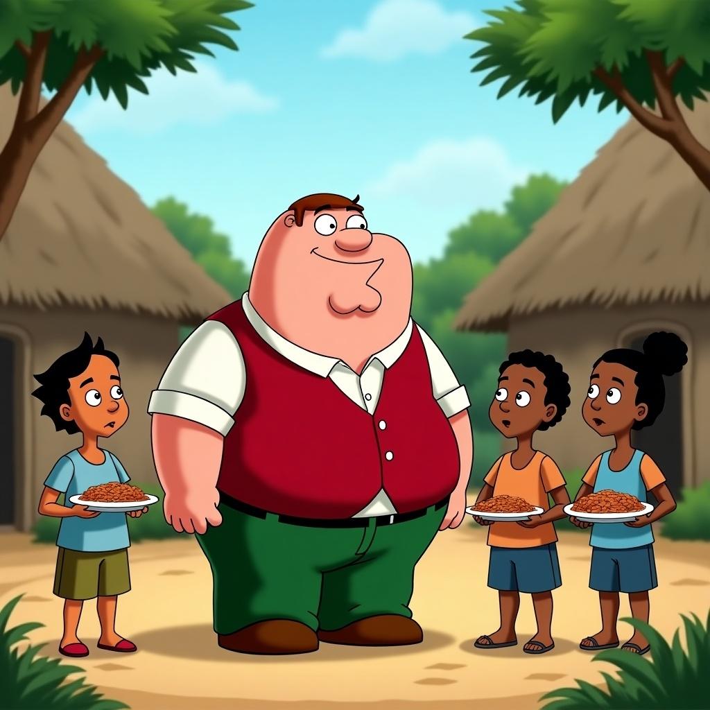 Peter Griffin stands in an African village. He wears a red vest. Three children hold plates of food. They look surprised and curious. Traditional huts and greenery surround them.