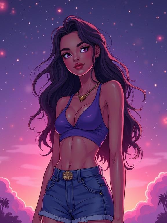Cartoon portrait of a starlet in a cosmic outfit standing against a starry backdrop. Features purple and pink gradient.
