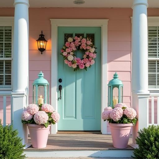 Bright sunny day with a light pink and white cottage featuring a front porch. A light aqua door has a rose and hydrangea wreath. Light pink flower pots hold pink roses and white hydrangeas. Tall light aqua lanterns with candles are beside the flowerpots. There are little twinkle lights on the wreath. Lights inside the house are also visible.