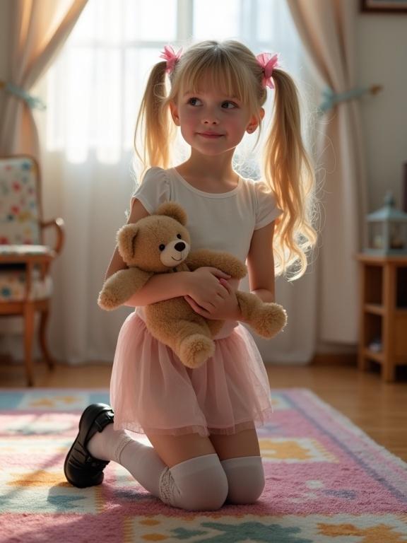 A girl kneels on a colorful rug in a soft-lit living room. She has long blonde twin tails adorned with pink bows. Wearing a short white crop top, pale pink skirt, and thigh-high socks with lace detail. Holding a teddy bear, she has flushed cheeks and an innocent curious look.