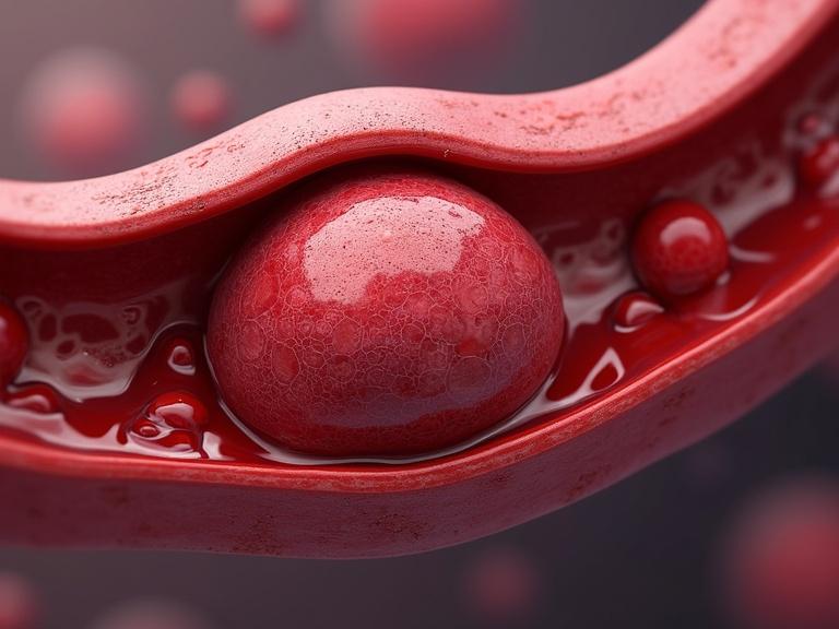 Detailed image of a thrombus obstructing a blood vessel. Cross-sectional view showcasing the vessel wall and red blood cells around the clot. Clot composed of aggregated platelets and fibrin. Realistic style resembling medical imaging with accurate anatomical detail. Soft and diffused lighting.