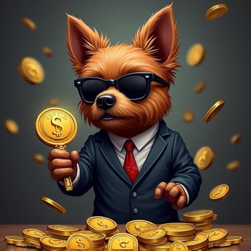 Cartoon-style gangster dog with dark shades. Holding a gold key. Surrounded by gold and silver coins. Corporate and fun theme.