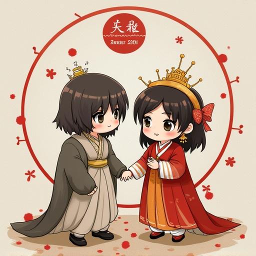 Chibi characters wearing traditional Chinese clothing holding hands in a circular decoration with flowers.