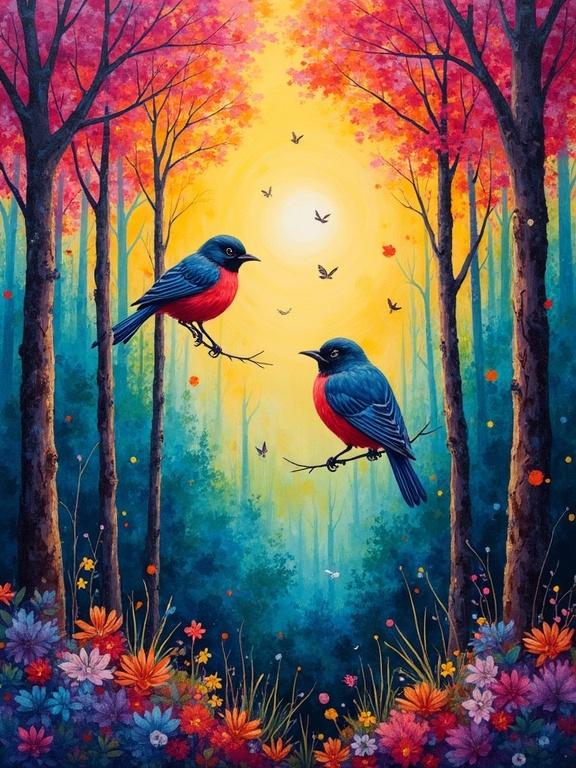 Birds perched in vivid colors in a forest. Decorative Fauvist landscape style. Gouache technique with dry layering. Joyful and dreamlike atmosphere.