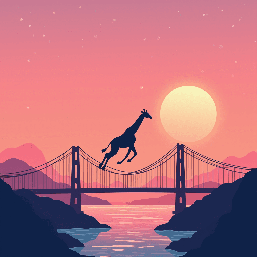 A surreal scene of a giraffe walking across a suspension bridge during a colorful sunset.