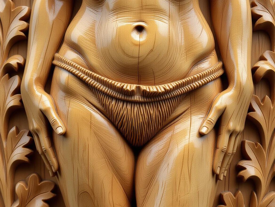 Closeup detailed relief sculpture of a nude woman. Focus on hips and pubic area. Exquisite wood carving style. Aesthetic wood textures and patterns.