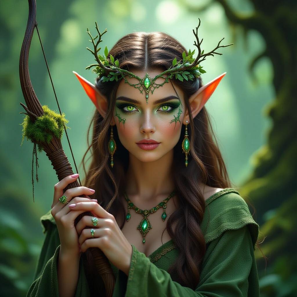 A striking elf embodies nature's magic in a mystical forest. Intricate designs and earthy tones accentuate her look. Enchanting green eyes reflect the surrounding forest. Moss and botanical elements crown her head. Layered textured fabrics drape over her. She holds a crafted bow, poised in serene contemplation. Soft lighting casts a dreamlike glow over the scene. Rich greens and browns harmonize with her attire and jewelry. The image invites viewers to a fantastical realm.