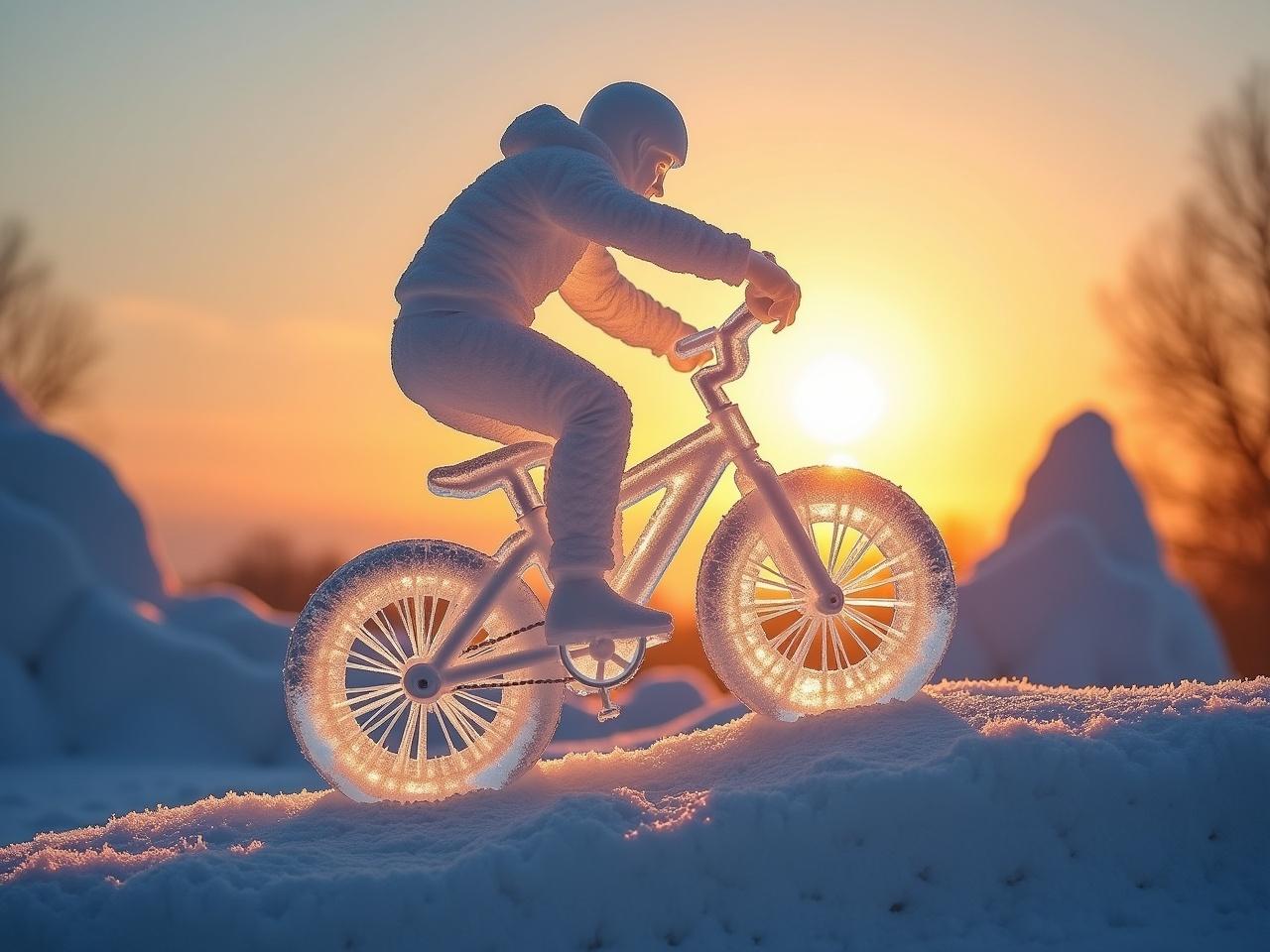 An intricate ice sculpture captures the essence of excitement and adventure. The sculpture depicts a rider performing a daring jump on a unicycle, silhouetted against a radiant sun setting in the background. The details highlight the rider's dynamic posture and the smooth curves of the unicycle, frozen in time. Frosted textures enhance the visual impact, emphasizing the icy material. The surrounding landscape includes gentle slopes and abstract shapes mirroring nature, creating a stunning contrast with the brilliance of the sun.