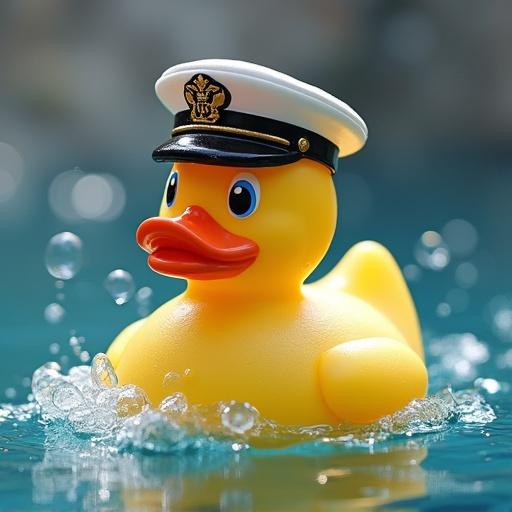 A rubber duck dressed as an admiral swims through soapy water creating bubbles. The scene captures the playful essence of childhood bath time. Light reflects beautifully off the water. It features a bright yellow duck with a black captain's hat commanded by jubilant soap bubble battleships.