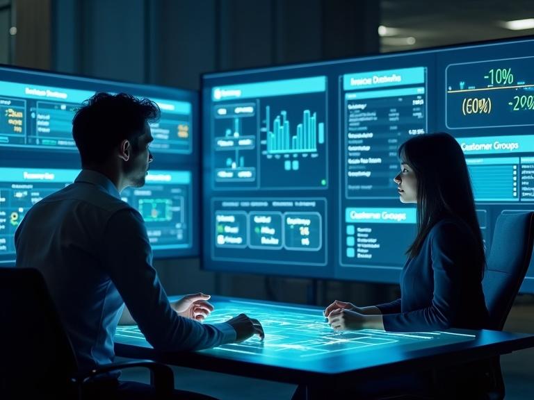 Scene shows a futuristic ERP system with a consultant configuring discount rules on a glowing touchscreen. Floating panels labeled Line Discounts, Invoice Discounts, Customer Groups, and Item Discount Matrix surround them. One side shows a customer buying multiple products, automated tiered discounts like -10%, -15% above items. Another floating screen displays a table with minimum quantity, discount %, and customer pricing group. A visual chart dynamically adjusts to show discounts' impact on revenue and sales trends in a clean, smart Microsoft-themed workspace.