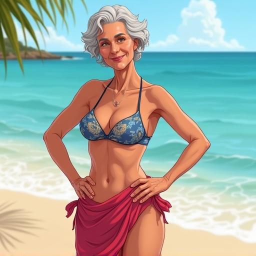 Vector illustration showcasing a mature woman on the beach. She wears a bikini and a sarong. Toned body with emphasis on abs. The woman stands confidently with hands on hips. She looks at the viewer with a smile.